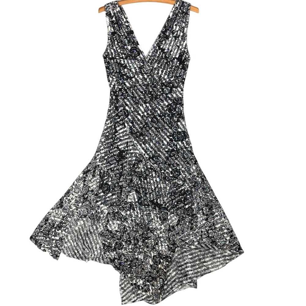 Joseph Ribkoff Black White Floral Stripe Sequin Asymmetrical Dress 6 Whimsigoth
